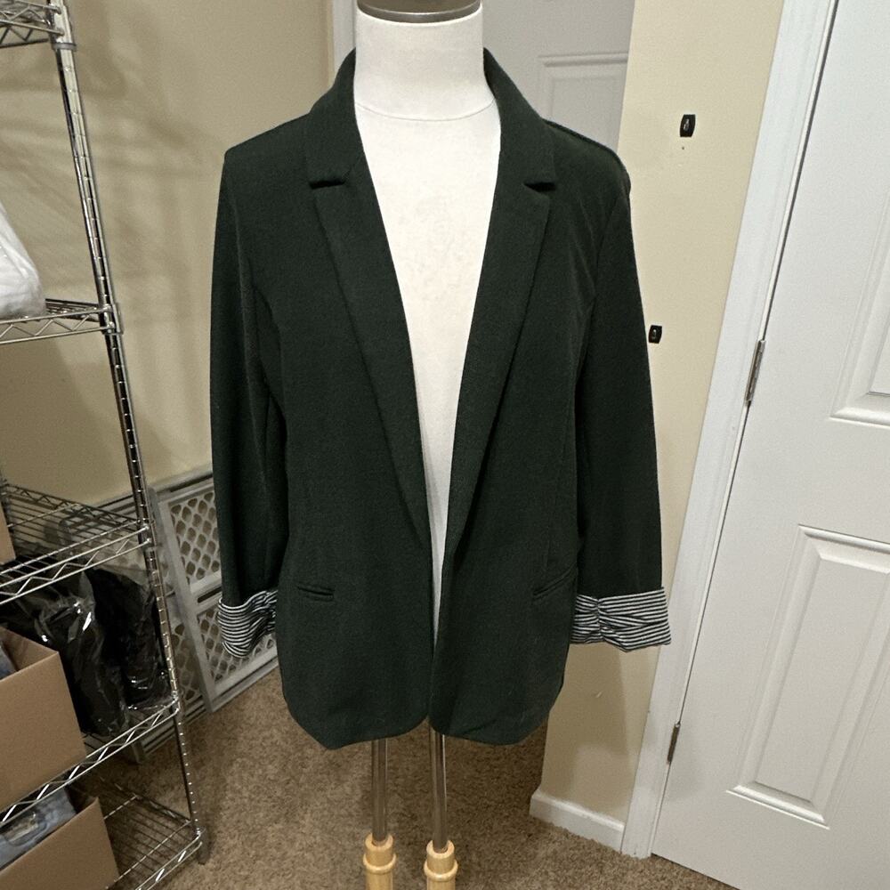Skies Are Blue Women’s Green Open Front Jacket Long Sleeve Pockets Stretch L